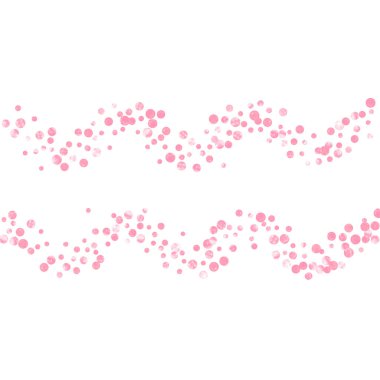 İzole edilmiş arka planda pembe parıltılı konfeti konfetileri. Parlak parıltılı pullarla rastgele düşen pullar. Parti davetiyesi, bayrak, tebrik kartı, düğün öncesi parti için pembe noktalı şablon.