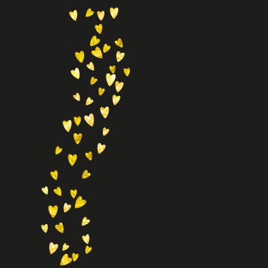 Sevgililer günü çerçevesinde altın parıltılı kalpler. 14 Şubat günü. Sevgililer Günü şablonu için vektör konfetisi. Grunge el çizimi dokusu. İlan için aşk teması, özel iş teklifi, tanıtım.