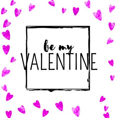 Pembe kalpli sevgililer günü kartı. 14 Şubat. Sevgililer Günü kartı şablonu için vektör konfetisi. Grunge el çizimi dokusu. Hediye kuponları, kuponlar, reklamlar, etkinlikler için aşk teması.