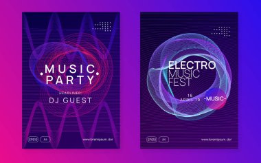 Müzik festivali. Yaratıcı diskotek daveti seti. Dinamik akışkan şekil ve çizgi. Müzik festivali neon broşürü. Elektro dans. Elektronik trans sesi. Tekno DJ partisi. Kulüp afişi.