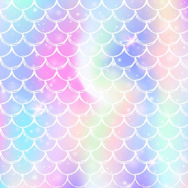Kawaii deniz kızı desenli gökkuşağı pulları. Sihirli parıltılı ve yıldızlı balık kuyruğu afişi. Kız partisi için deniz fantezisi davetiyesi. Gökkuşağı pullu şık arkaplan.