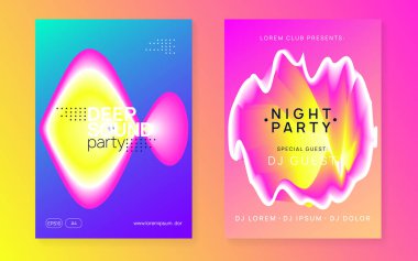 Müzik afişi. Akışkan holografik gradyan şekil ve çizgi. Elektronik ses. Gece dansı yaşam tarzı tatili. Harika Trance Show tasarımı. Yaz festivali ilanı ve müzik afişi..