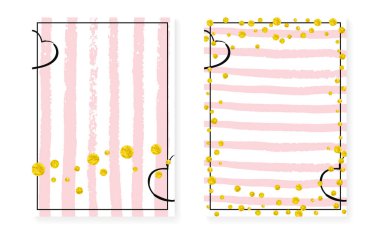 Noktalı ve pullu altın parıltısı konfetisi. Düğün ve düğün davetiyeleri ayarlandı. Dikey çizgili arka plan. Hipster altın parıltısı konfetisi parti için, olay, randevu ilanını kaydet.