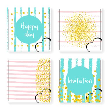 Çizgili düğün konfetisi. Davetiye ayarlandı. Pembe ve nane arkaplanda altın kalpler ve noktalar. Parti için düğün konfetisi tasarımı, etkinlik, gelin partisi, tarih kartı kaydet.