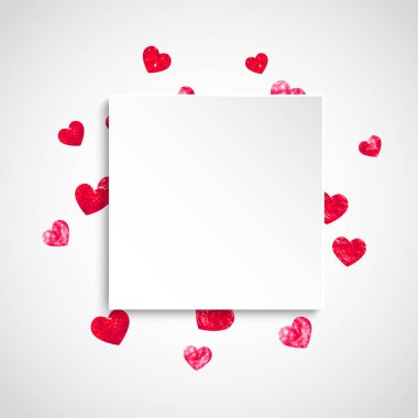 Kırmızı kalpli sevgililer günü kartı çerçevesi. 14 Şubat günü. Sevgililer günü için konfeti. El yapımı beyaz afiş. İlan için aşk teması, özel iş teklifi, tanıtım