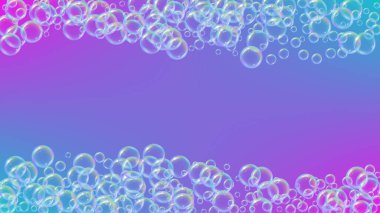 Banyo köpüğü eğimli arka planda. Gerçekçi su kabarcıkları 3 boyutlu. Şampuan köpüklü serin gökkuşağı renkli sıvı köpük. Kozmetik broşür ve davetiye. Banyo köpüğü ve duş için. Vektör EPS10.