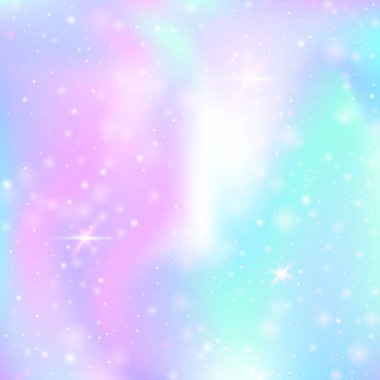 Gökkuşağı örgülü sihirli bir arka plan. Prenses renklerinde modaya uygun evren afişi. Hologramla fantezi gradyanı. Peri parıltıları, yıldızlar ve bulanıklıklarla holografik büyü arka planı.