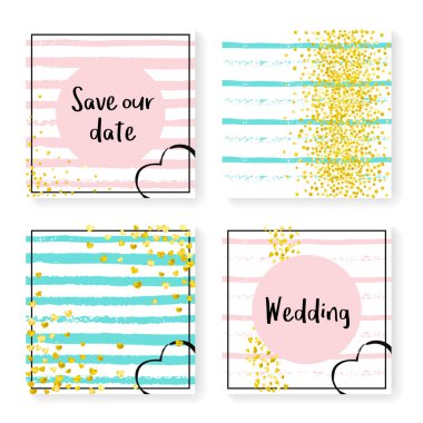 Çizgili düğün konfetisi. Davetiye ayarlandı. Pembe ve nane arkaplanda altın kalpler ve noktalar. Parti için düğün konfetisi şablonu, etkinlik, gelin partisi, tarih kartını kaydet.