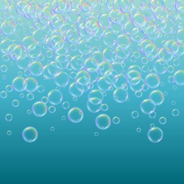 Arkaplanda sabun köpüğü var. Gerçekçi su kabarcıkları 3 boyutlu. Şampuan köpüklü serin gökkuşağı renkli sıvı köpük. Kozmetik broşür ve davetiye. Banyo ve duş için sabun. Vektör EPS10.