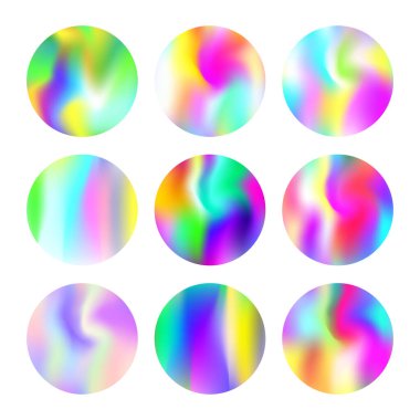 Gradyan yuvarlak set ve holografik ağ. Asgari soyut eğimli yuvarlak arka planlar. 90 'lar, 80' ler modası. Broşür, el ilanı, poster, duvar kağıdı, mobil ekran için Pearlescent grafik şablonu.