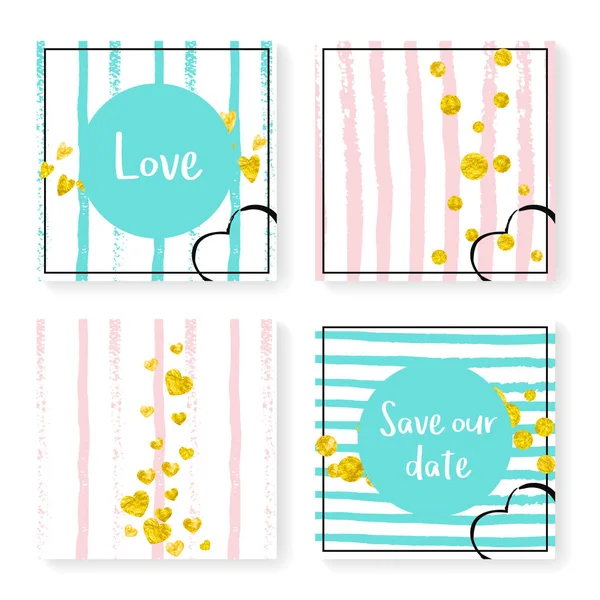 Wedding Invite Set Glitter Confetti Stripes Gold Hearts Dots Pink — Stock Vector