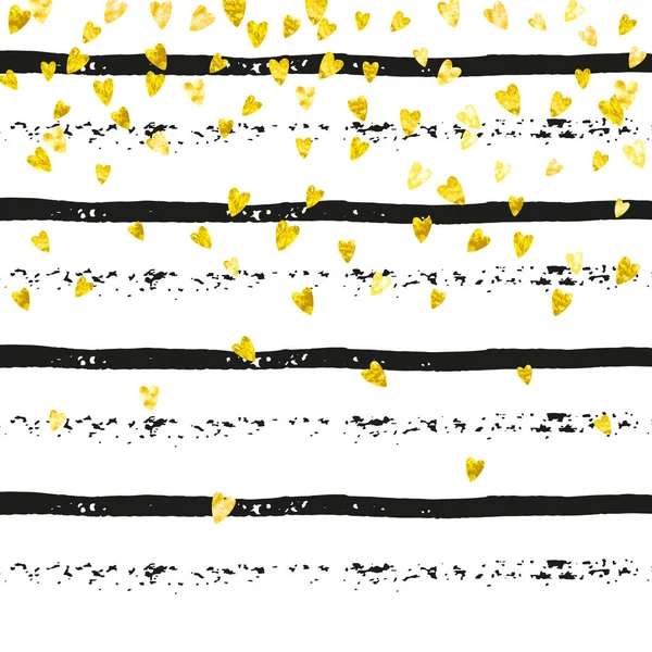 Goldglitzerkonfetti Mit Herzen Auf Schwarzen Streifen Glänzende Zufällig Fallende Pailletten — Stockvektor