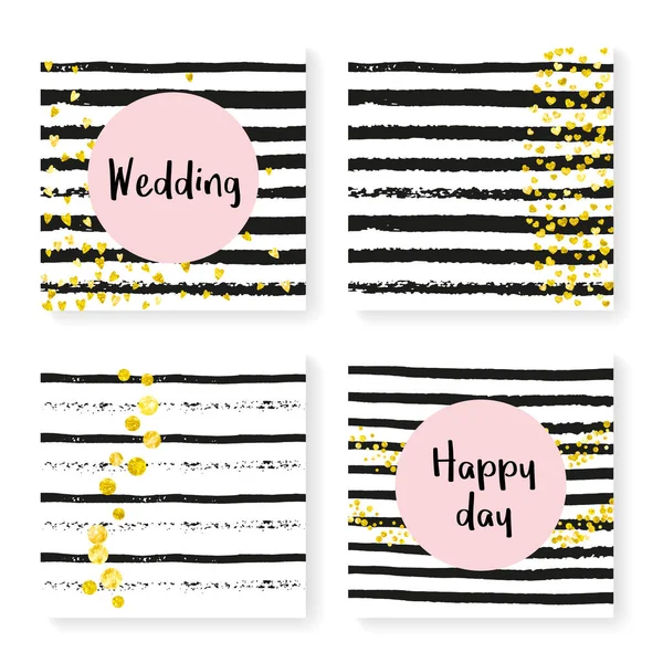 Wedding Confetti Stripes Invitation Set Gold Hearts Dots Black White — Stock Vector