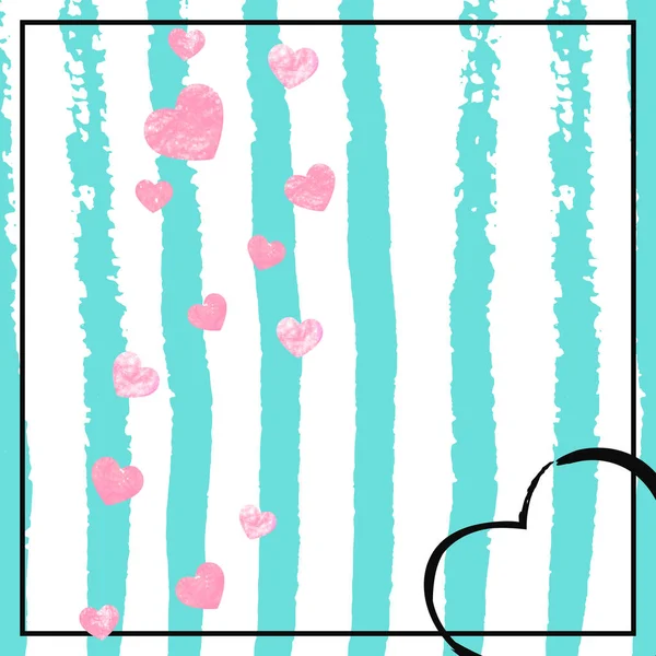 Confettis Coeur Rose Pailleté Sur Rayures Turquoise Paillettes Tombantes Aléatoires — Image vectorielle