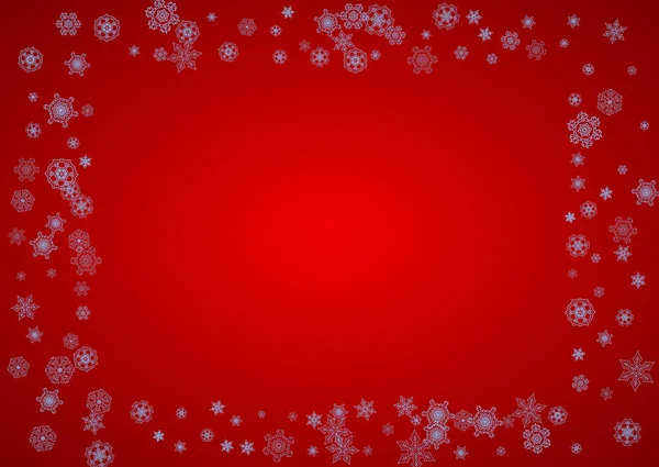 赤い背景に雪のフレークでクリスマスフレーム サンタクロースの色 休日のバナー カード 特別オファーのための水平クリスマスフレーム お祝いのためにボケとフレークで雪が降る — ストックベクタ