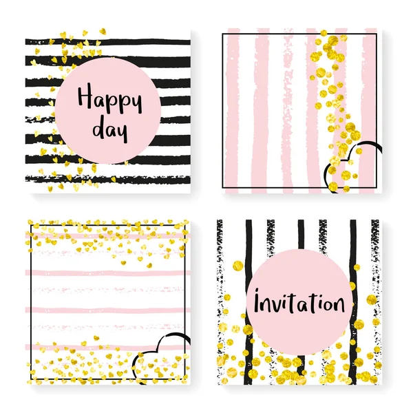 Wedding Stripes Glitter Confetti Invitation Set Gold Hearts Dots Black — Stock Vector