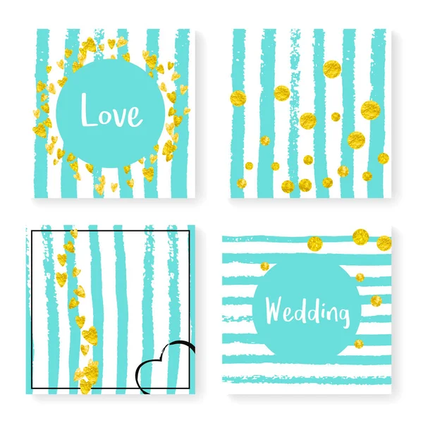 Wedding Confetti Stripes Invitation Set Gold Hearts Dots Mint White — Stock Vector