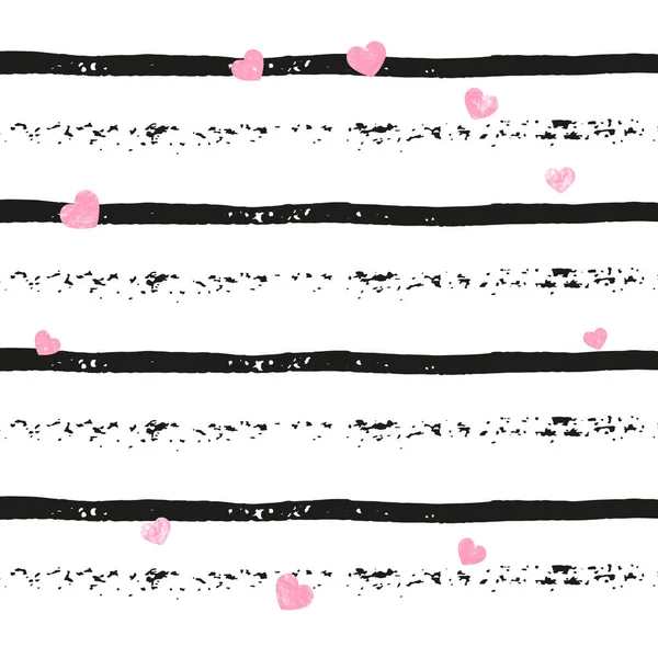 Рожевий Блиск Сердечками Чорних Смужках Падаючі Блискітки Металевим Мерехтінням Дизайн — стоковий вектор
