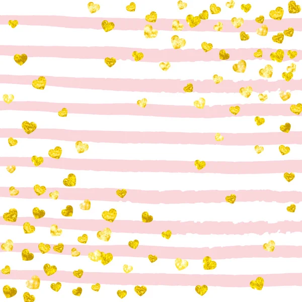 在粉色条纹上的红着心的婚纱 新的随机下降序列与闪烁 派对邀请函 活动横幅 生日卡片的金色婚纱设计 — 图库矢量图片
