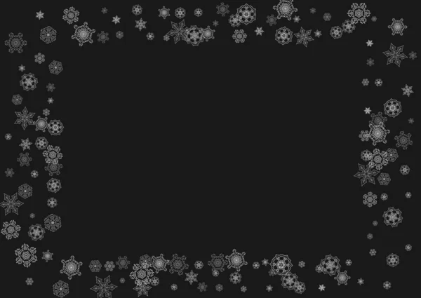 Argent Cadre Flocons Neige Sur Fond Noir Cadre Horizontal Brillant — Image vectorielle