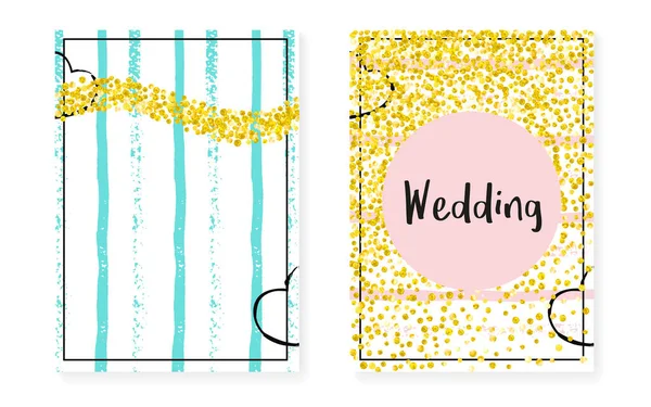 Wedding Set Dots Sequins Bridal Shower Invitation Card Gold Glitter — Stock Vector