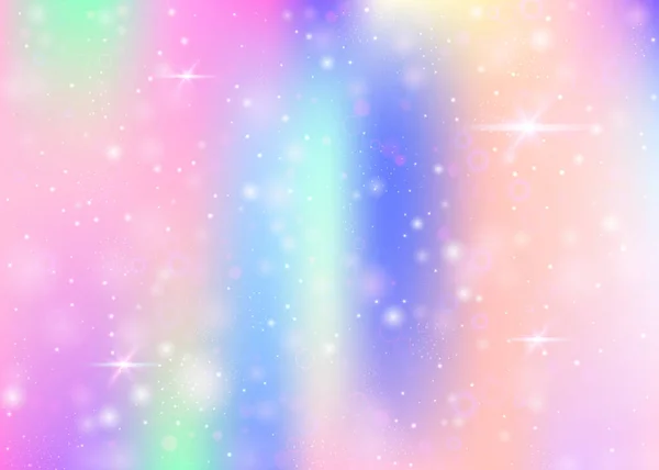 虹色のメッシュでホログラムの背景 プリンセスカラーのかわいい宇宙バナー 幻想的なグラデーションの背景 妖精の輝きとホログラムユニコーンの背景 星とぼかし — ストックベクタ
