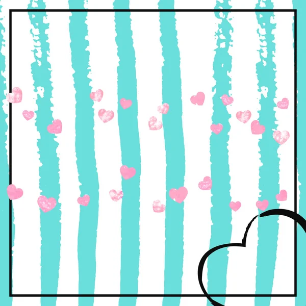 Confettis Coeur Rose Pailleté Sur Rayures Turquoise Paillettes Chute Aléatoires — Image vectorielle