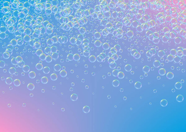 Soap foam on gradient background. Realistic water bubbles 3d. Cool rainbow colored liquid foam with shampoo bubbles. Horizontal cosmetic flyer and invite. Soap foam for bath and shower. Vector EPS10.