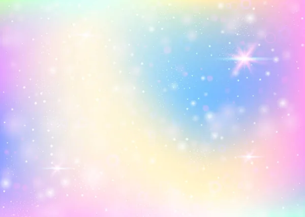 虹色のメッシュで魔法の背景 プリンセスカラーの多色宇宙バナー ホログラムでファンタジーグラデーションの背景 妖精の輝きとホログラフィックな魔法の背景 星とぼかし — ストックベクタ
