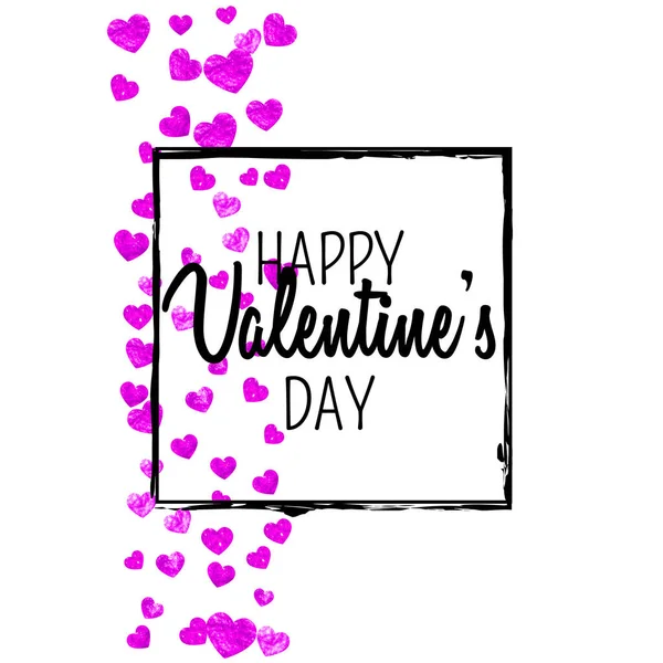 情人节卡片上有粉色闪光的心 2月14日情人节卡片模板的向量Confetti 手绘手绘纹理 爱的主题为传单 特别的商业机会 — 图库矢量图片