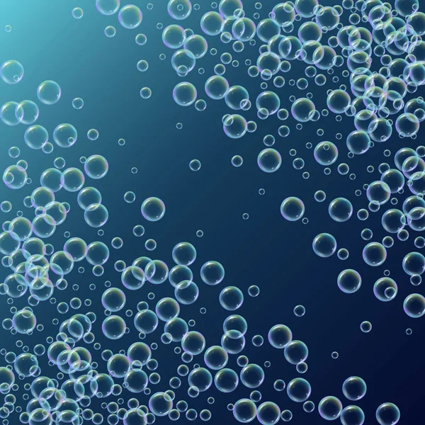 Shampoo Foam Diagonal Frame Realistic Water Bubbles Deep Blue Background — Stock Vector