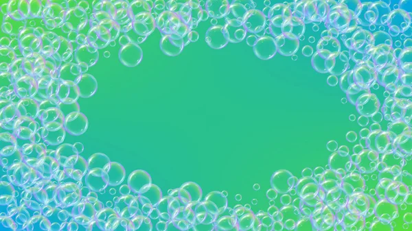 石鹸洗浄泡の背景 シャンプーの泡とサッド 3Dベクトルイラストデザイン 活気のあるスプレーとスプラッシュ 現実的な水のフレームと境界線 緑のカラフルな液体石鹸洗浄 — ストックベクタ