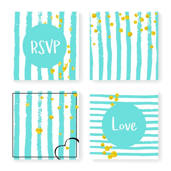 Wedding Glitter Confetti Stripes Invitation Set Gold Hearts Dots Mint — Stock Vector