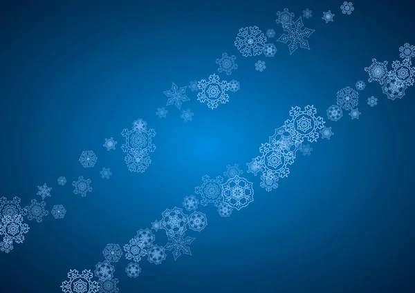 輝く青い背景に新年の雪の結晶 水平クリスマスと新年の雪の結晶が落ちる シーズン販売のために 特別オファー バナー カード パーティー招待状 チラシ 白い霜降りの雪 — ストックベクタ