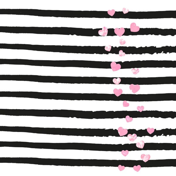 粉红的心在黑色条纹上闪烁着彩霞 随波逐流 光彩夺目 粉红闪闪的红心模板 用于宴会请帖 新娘派对 — 图库矢量图片