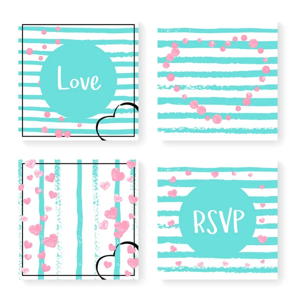 Wedding Glitter Confetti Stripes Invitation Set Pink Hearts Dots Mint — Stock Vector