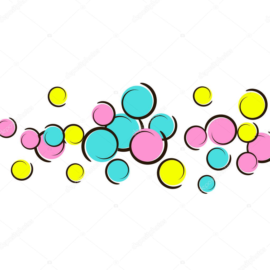 Polka dot background with comic pop art confetti. Big colored spots, spirals and circles on white. Vector illustration. Trendy childish splash for birthday party. Rainbow polka dot background.