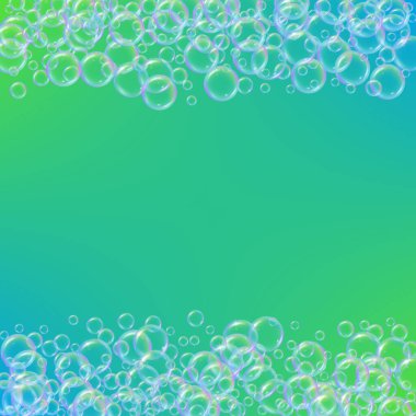 Banyo köpüğü eğimli arka planda. Gerçekçi su kabarcıkları 3 boyutlu. Şampuan köpüklü soğuk gökkuşağı renkli sıvı. Kozmetik broşür ve davetiye. Banyo köpüğü ve duş için. Vektör EPS10.