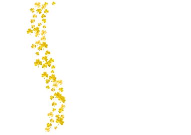 Aziz Patrick Günü için yonca arka planı. Şanslı folyo konfetisi. Yonca yapraklarından parlak bir çerçeve. Makbuz şablonu, özel iş ilanı, afiş. Şenlikli yonca arka planı.