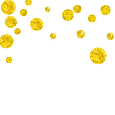 Arkaplanda noktalar olan altın parıltısı konfetileri. Metalik pırıltısıyla düşen pullar. Parti davetiyesi, afiş, afiş, doğum günü kartı için altın parıltılı konfeti şablonu..