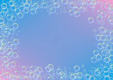 Arkaplanda sabun köpüğü var. Gerçekçi su kabarcıkları 3 boyutlu. Şampuan köpüklü serin gökkuşağı renkli sıvı köpük. Yatay kozmetik broşür ve davetiye. Banyo ve duş için sabun köpüğü. Vektör EPS10.