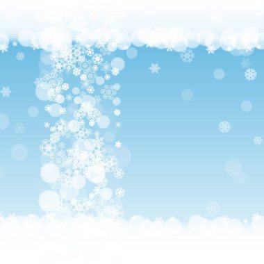 Kış arka planında Noel kar taneleri. Mevsimlik kış afişleri için çerçeve, hediye kuponları, kuponlar, reklamlar, parti etkinlikleri. Mavi gökyüzü ve Noel kar taneleri. Tatil kutlaması için kar yağıyor.
