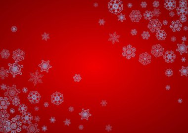 Kırmızı arka planda kar taneleri olan bir Noel çerçevesi. Noel Baba renkleri. Bayram afişleri, kartlar, satışlar, özel teklifler için yatay Noel çerçevesi. Kutlama için kar ve gevrek yağıyor.