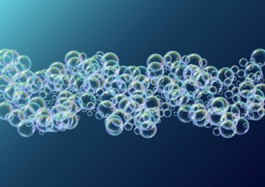 Arkaplanda sabun köpüğü var. Gerçekçi su kabarcıkları 3 boyutlu. Şampuan köpüklü serin gökkuşağı renkli sıvı köpük. Yatay kozmetik broşür ve davetiye. Banyo ve duş için sabun köpüğü. Vektör EPS10.