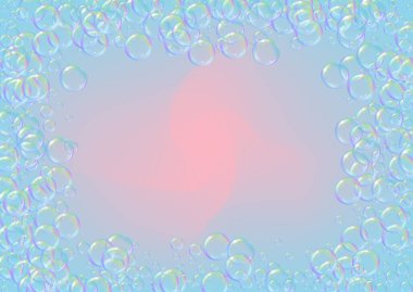 Sabun köpüğü. Deterjan köpüğü ve küvet için köpük. Şampuan. Canlı köpürme ve sıçrama. Gerçekçi su çerçevesi ve sınır. 3D vektör illüstrasyon posteri. Gökkuşağı renkli sıvı sabun köpüğü.