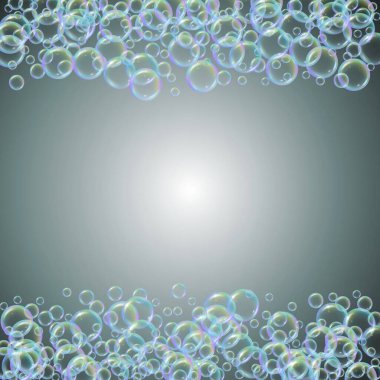 Banyo köpüğü eğimli arka planda. Gerçekçi su kabarcıkları 3 boyutlu. Şampuan köpüklü soğuk gökkuşağı renkli sıvı. Kozmetik broşür ve davetiye. Banyo köpüğü ve duş için. Vektör EPS10.