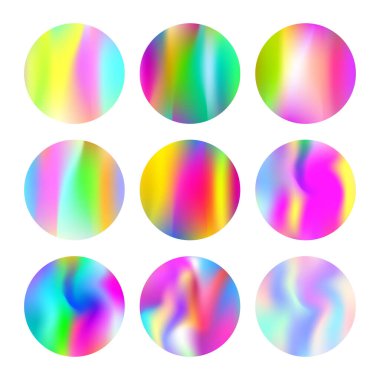 Gradyan örgü soyut arkaplan seti. Gradyan örgülü modaya uygun holografik zemin. 90 'lar, 80' ler modası. Broşür, el ilanı, poster, duvar kağıdı, mobil ekran için yanardöner grafik şablonu.