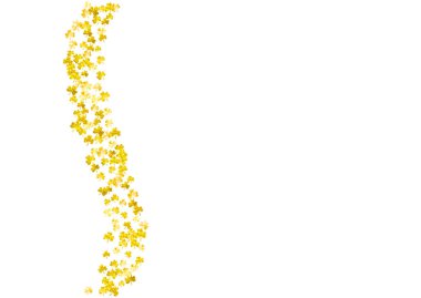 Aziz Patrick Günü için yonca arka planı. Şanslı folyo konfetisi. Yonca yapraklarından parlak bir çerçeve. Hediye kuponları, kuponlar, reklamlar, etkinlikler için şablon. Mutlu yoncalar..