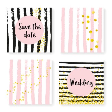 Çizgili düğün simleri konfetisi. Davetiye ayarlandı. Siyah ve pembe arka planda altın kalpler ve noktalar. Parti, etkinlik, düğün öncesi parti için parıltılı şablon, tarih kartını kaydet.