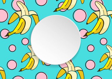 Muz arka planında 80 'li yılların pop sanatları var, 90' ların tarzı. Üç boyutlu kağıt plakalı tropik bir pankart. Sezon satışı için muz arkaplanlı meyve kurdelesi, özel teklif, broşür ve reklam. Moda şablonu.